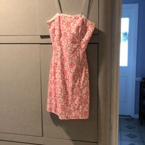 Bright pink and white strapless dress